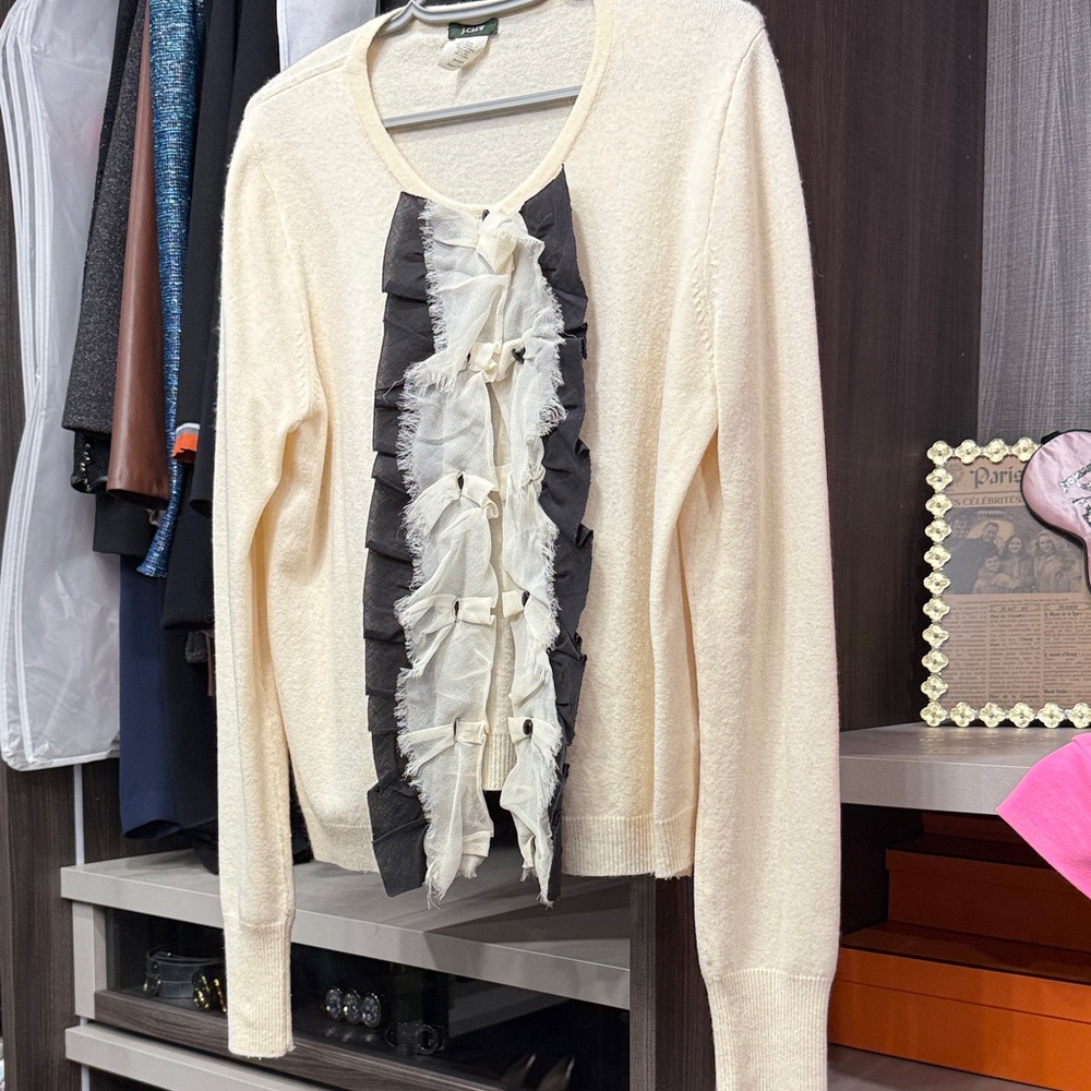 J. Crew Ivory and Charcoal Ruffle Cardigan (wool)